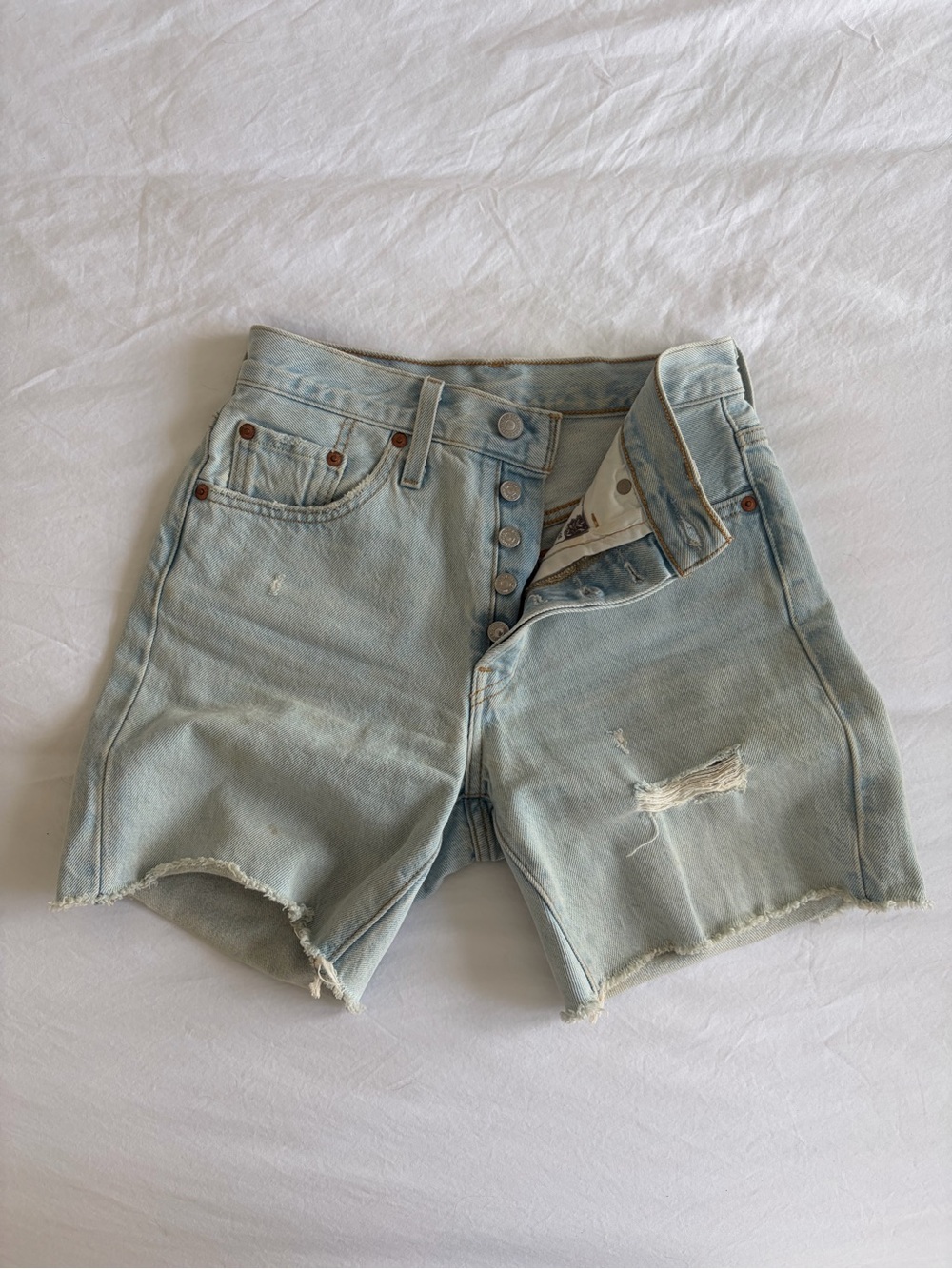 Levi's 501 Light Blue High-Rise Distressed Long Denim Shorts